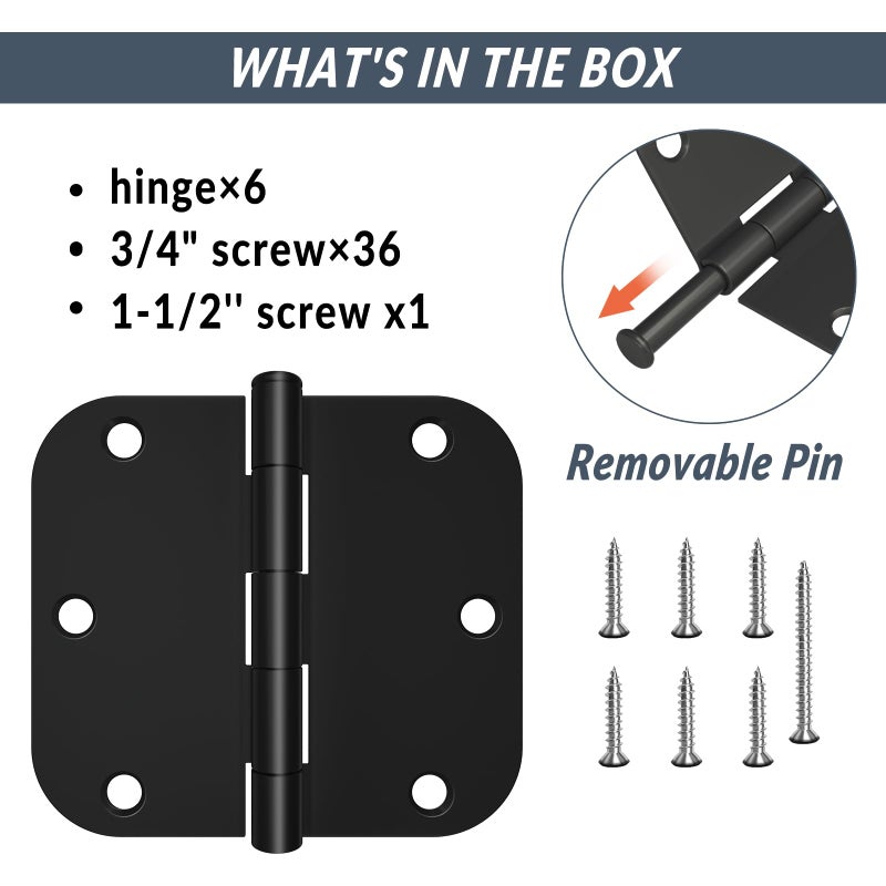 HOSOM Matte Black Door Hinges 3.5 Inch with 5/8" Radius Corners Rounded Interior Door Hinges 3 1/2" Heavy Duty 3.5" Door Hardware for Door, 6 Pack - Image 3
